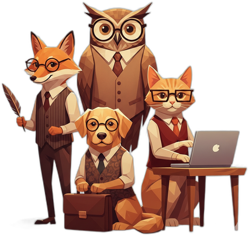 Friendly animal mascots in business attire representing Signal Path's virtual operational roles